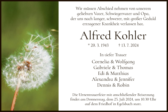 Traueranzeige von Alfred Kohler von OF