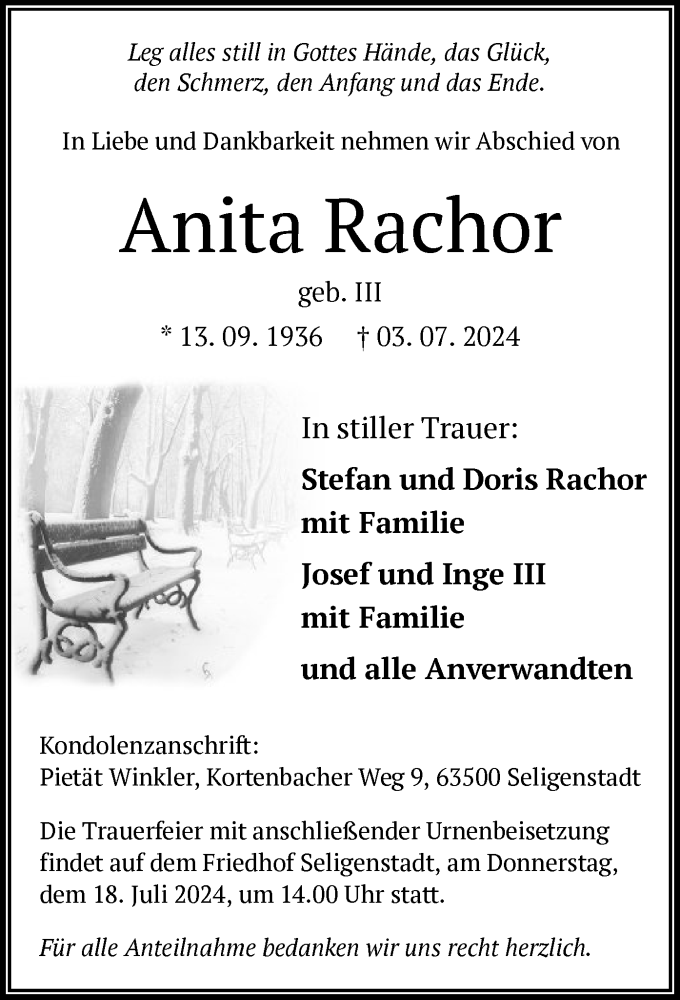  Traueranzeige für Anita Rachor vom 13.07.2024 aus OF