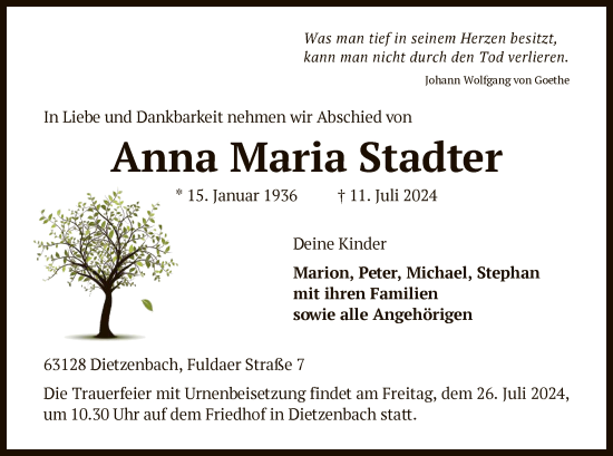 Traueranzeige von Anna Maria Stadter von OF