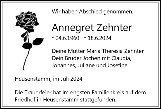 Traueranzeige von Annegret Zehnter von OF