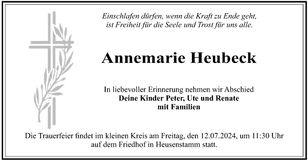  Traueranzeige für Annemarie Heubeck vom 06.07.2024 aus OF