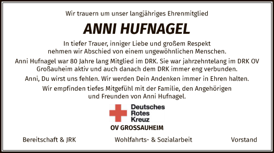 Traueranzeige von Anni Hufnagel von OF