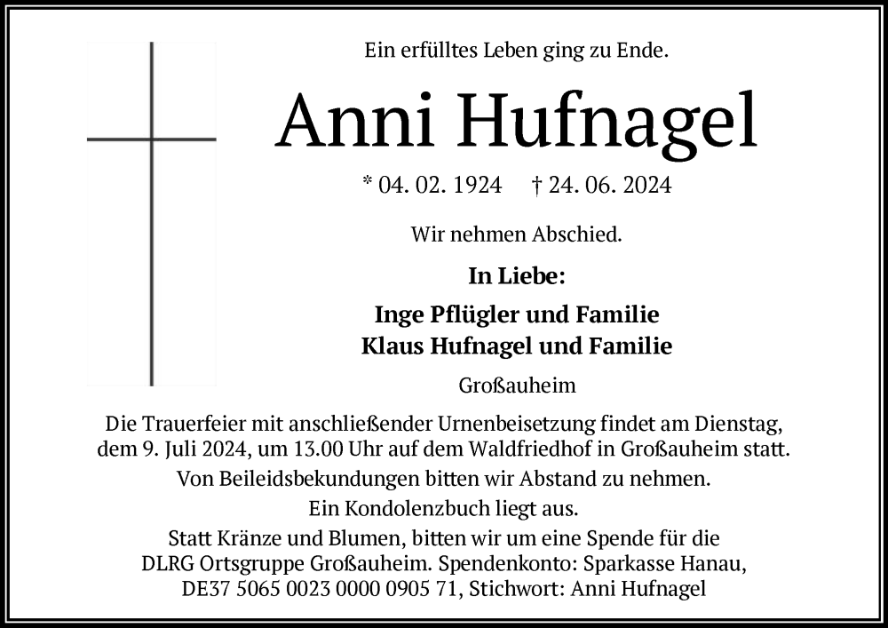  Traueranzeige für Anni Hufnagel vom 06.07.2024 aus OF