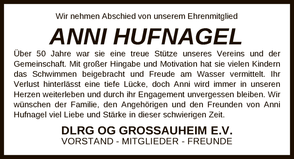  Traueranzeige für Anni Hufnagel vom 13.07.2024 aus OF