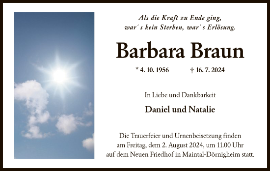 Traueranzeige von Barbara Braun von OF