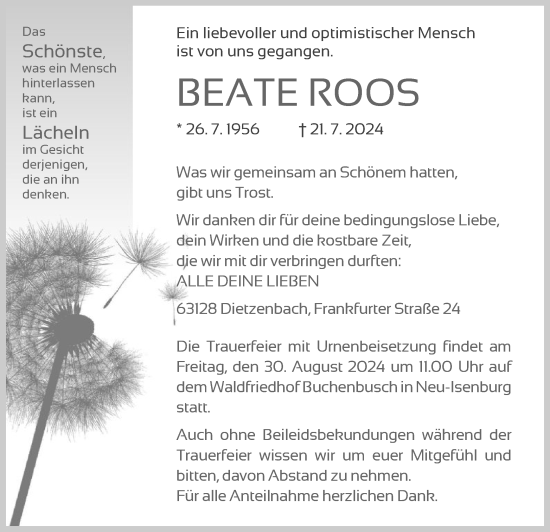 Traueranzeige von Beate Roos von OFOF