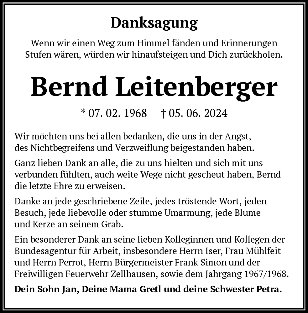  Traueranzeige für Bernd Leitenberger vom 20.07.2024 aus OF