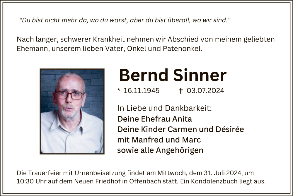  Traueranzeige für Bernd Sinner vom 20.07.2024 aus OF
