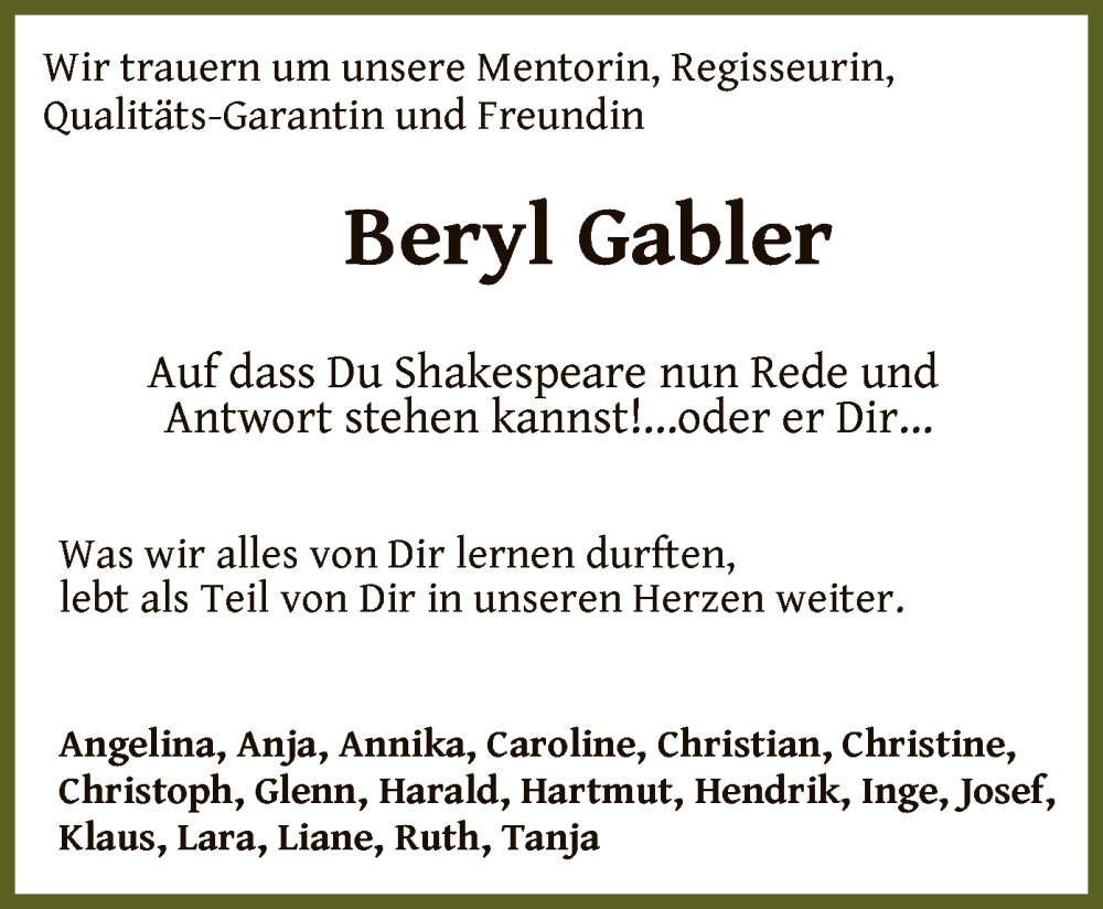  Traueranzeige für Beryl Gabler vom 06.07.2024 aus OF