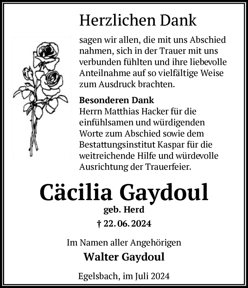  Traueranzeige für Cäcilia Gaydoul vom 27.07.2024 aus OF