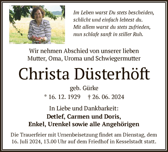 Traueranzeige von Christa Düsterhöft von OF