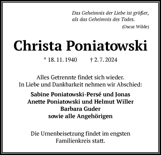 Traueranzeige von Christa Poniatowski von OF