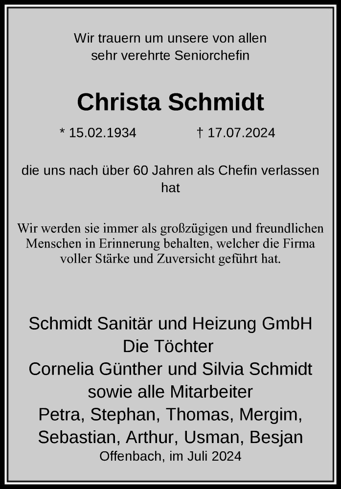  Traueranzeige für Christa Schmidt vom 27.07.2024 aus OFOF