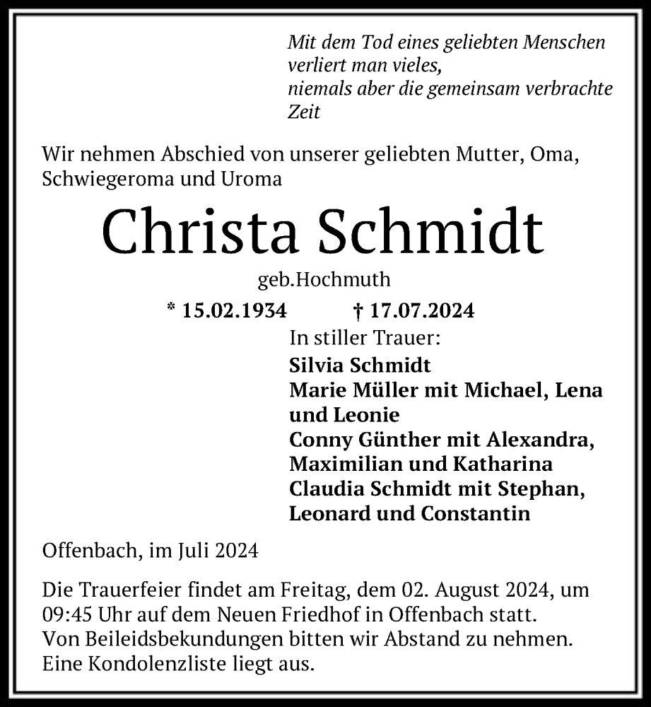  Traueranzeige für Christa Schmidt vom 27.07.2024 aus OF