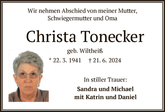 Traueranzeige von Christa Tonecker von OF