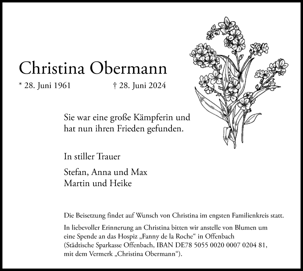  Traueranzeige für Christina Obermann vom 06.07.2024 aus OF