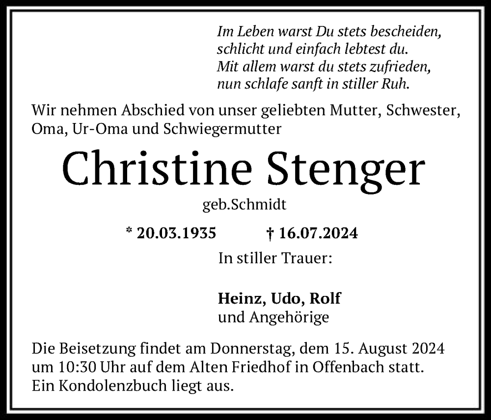  Traueranzeige für Christine Stenger vom 27.07.2024 aus OF