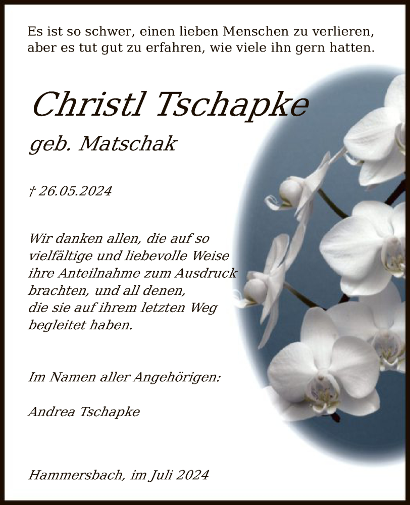  Traueranzeige für Christl Tschapke vom 13.07.2024 aus OF