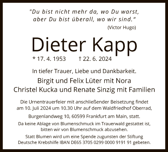 Traueranzeige von Dieter Kapp von OF