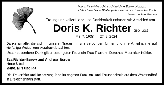 Traueranzeige von Doris K. Richter von OF