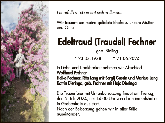 Traueranzeige von Edeltraud Fechner von OF