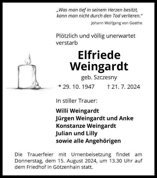 Traueranzeige von Elfriede Weingardt von OF