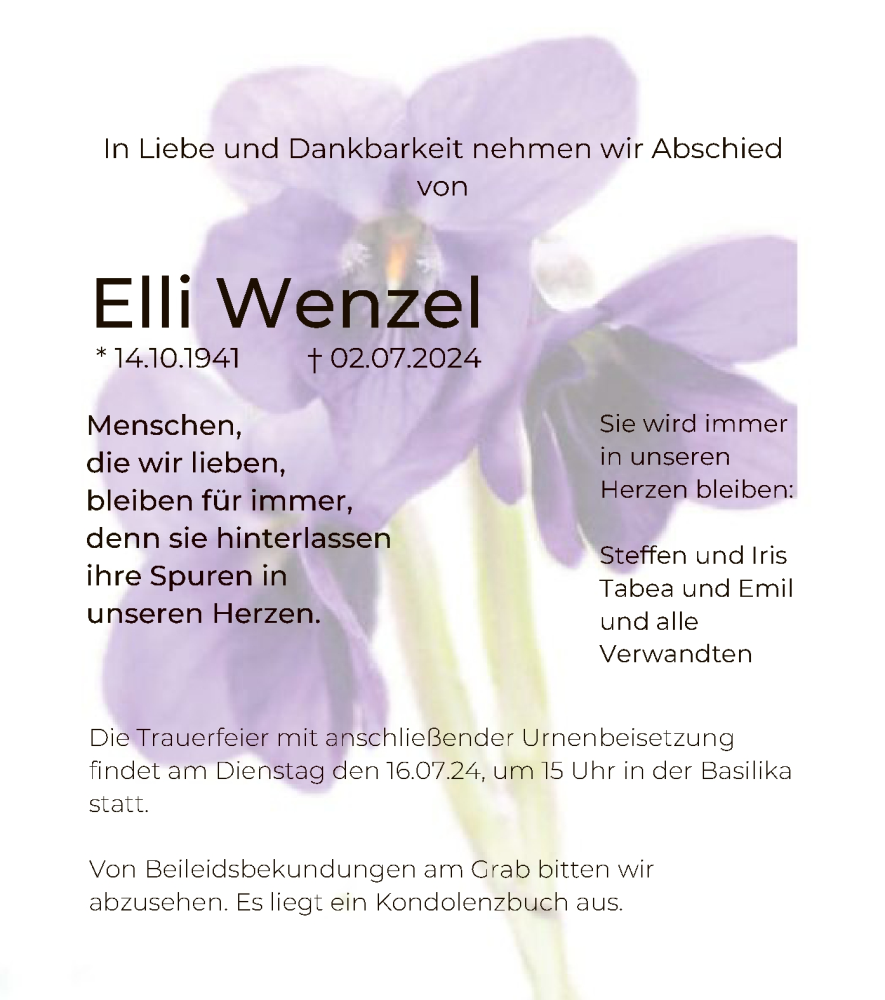  Traueranzeige für Elli Wenzel vom 13.07.2024 aus OF