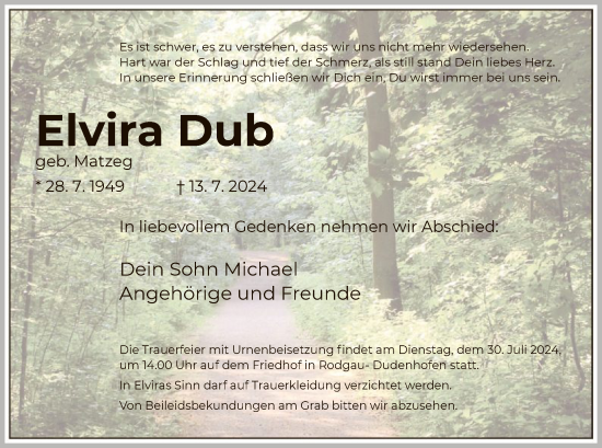 Traueranzeige von Elvira Dub von OF