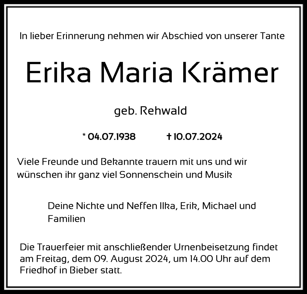  Traueranzeige für Erika Maria Krämer vom 27.07.2024 aus OF