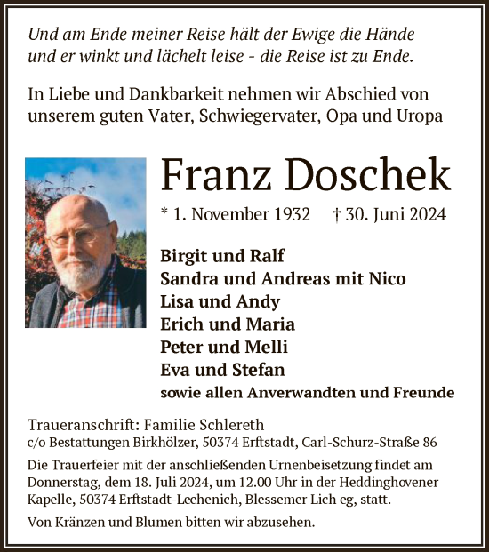 Traueranzeige von Franz Doschek von OF