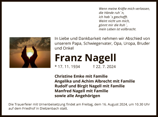 Traueranzeige von Franz Nagell von OF