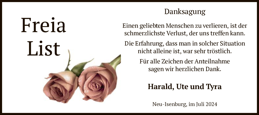  Traueranzeige für Freia List vom 20.07.2024 aus OF