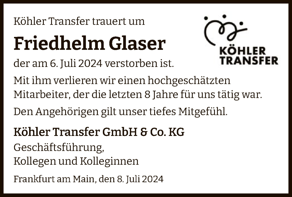  Traueranzeige für Friedhelm Glaser vom 13.07.2024 aus OF