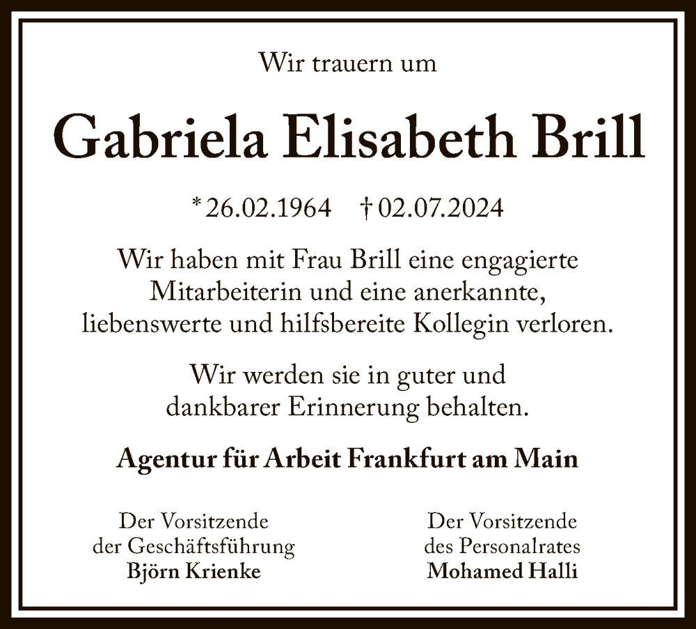  Traueranzeige für Gabriela Elisabeth Brill vom 20.07.2024 aus OF