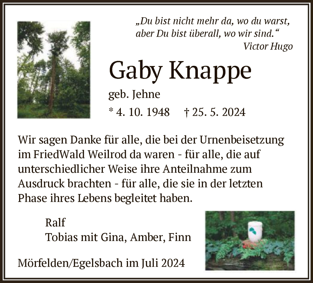  Traueranzeige für Gaby Knappe vom 12.07.2024 aus OF
