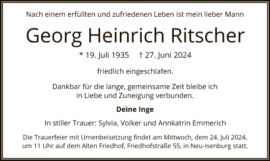 Traueranzeige von Georg Heinrich Ritscher von OF