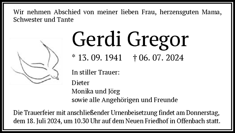  Traueranzeige für Gerdi Gregor vom 13.07.2024 aus OF