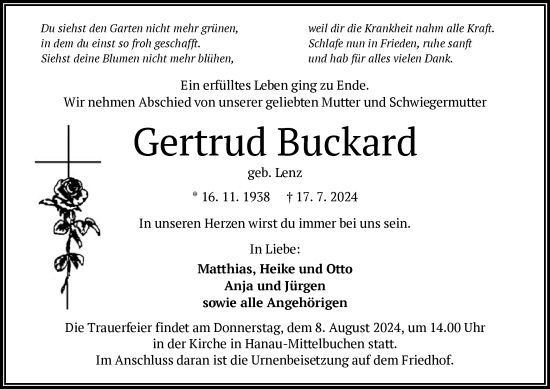 Traueranzeige von Gertrud Buckard von OF
