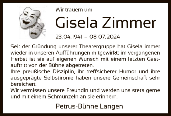 Traueranzeige von Gisela Zimmer von OF