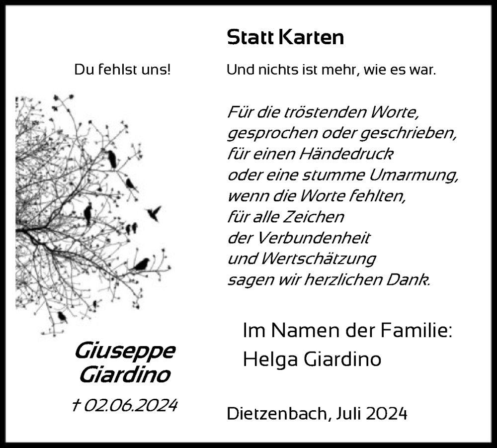  Traueranzeige für Giuseppe Giardino vom 20.07.2024 aus OF