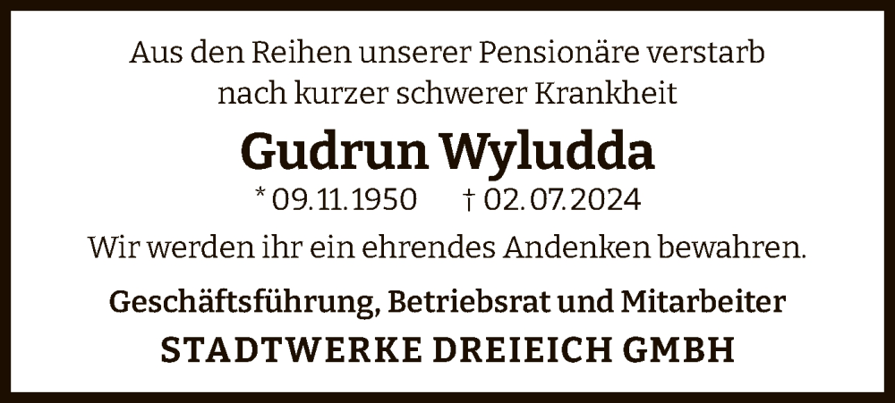  Traueranzeige für Gudrun Wyludda vom 16.07.2024 aus OF