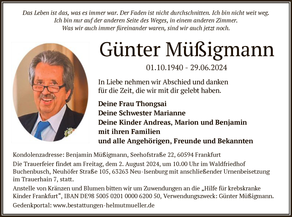  Traueranzeige für Günter Müßigmann vom 27.07.2024 aus OF