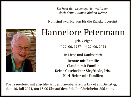 Traueranzeige von Hannelore Petermann von OF