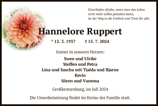 Traueranzeige von Hannelore Ruppert von OF