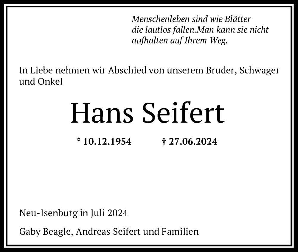  Traueranzeige für Hans Seifert vom 27.07.2024 aus OF