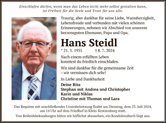 Traueranzeige von Hans Steidl von OF
