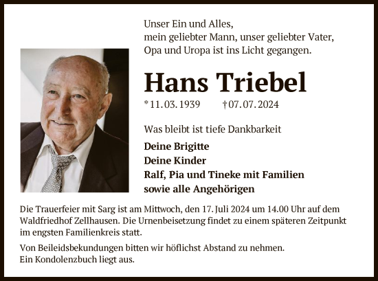 Traueranzeige von Hans Triebel von OF