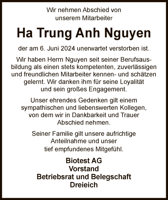 Traueranzeige von Ha Trung Anh Nguyen von OF