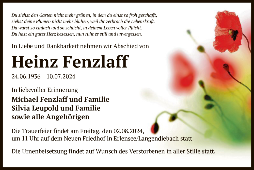  Traueranzeige für Heinz Fenzlaff vom 27.07.2024 aus OF