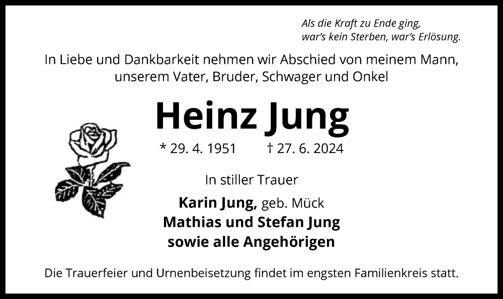 Traueranzeige für Heinz Jung vom 06.07.2024 aus OF